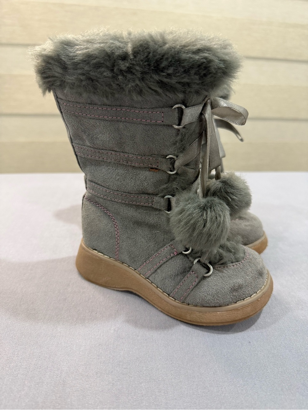 Falls Creek Little Eliza Kids 8‎ Gray Faux Fur Lined Lace-Up Mid-Calf Boots